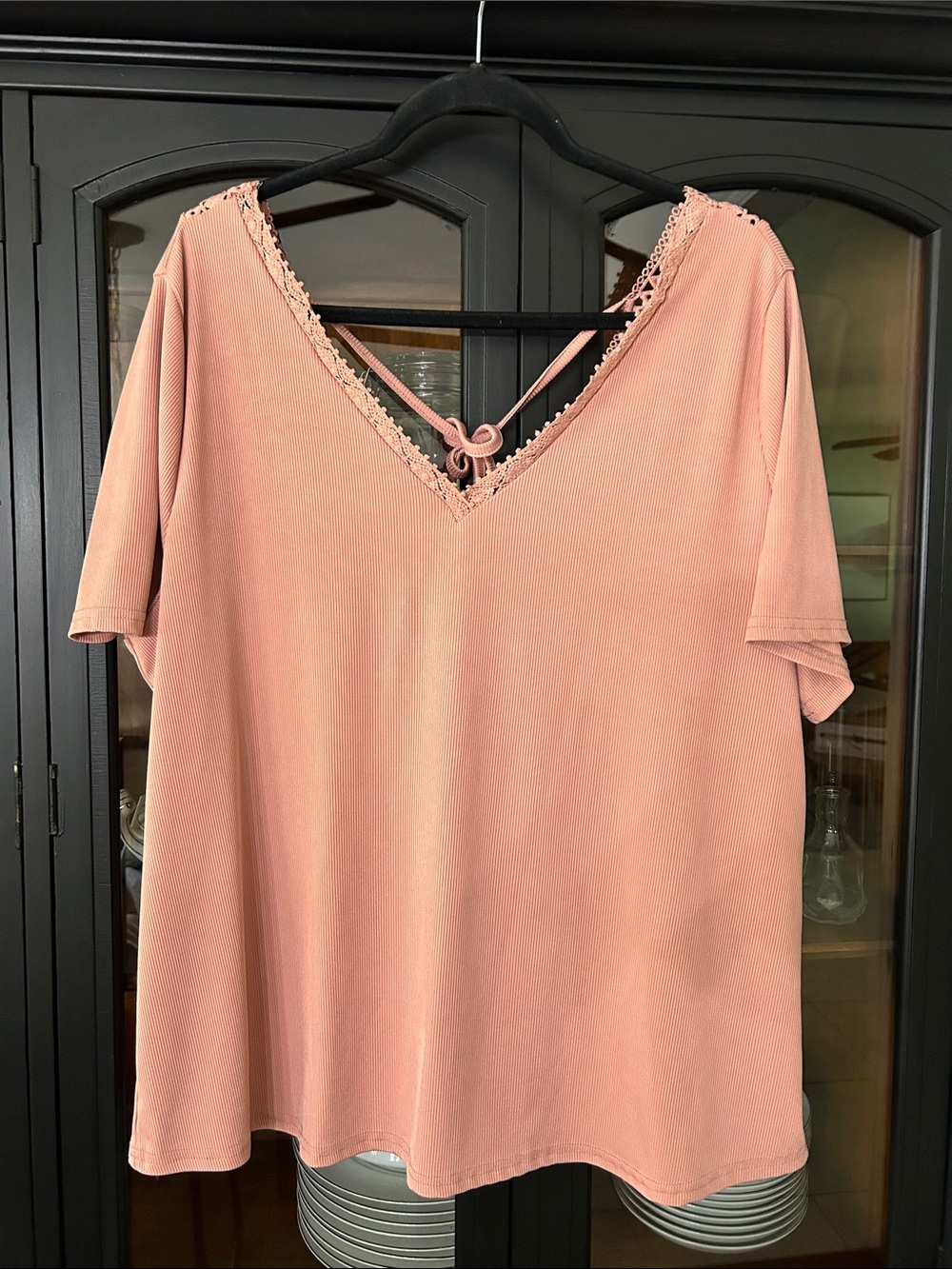 Blush Pink V-Neck Lace Trim Short Sleeve Top